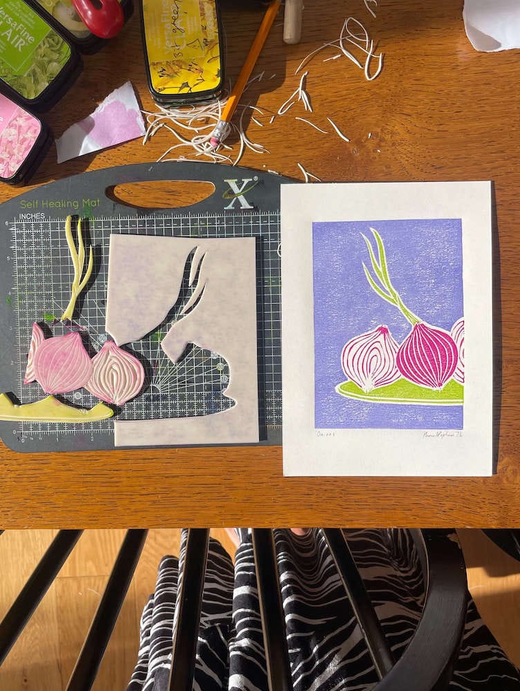 Lino Print Onions Mini Print A5 Hand Printed Lino Print homeware shops bristol gift shops bristol Harriet Popham