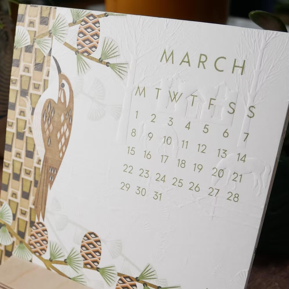 Bird Calendar Hand Embossed 2027 Bird Desk Calendar (With Stand or Without Stand) homeware shops bristol gift shops bristol Ash Leaf Printmaking