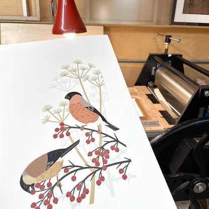 Bird Linocut 'Bullfinch' Reduction Lino Print homeware shops bristol gift shops bristol Ash Leaf Printmaking