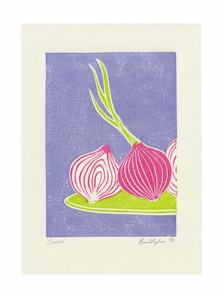 Lino Print Onions Mini Print A5 Hand Printed Lino Print homeware shops bristol gift shops bristol Harriet Popham