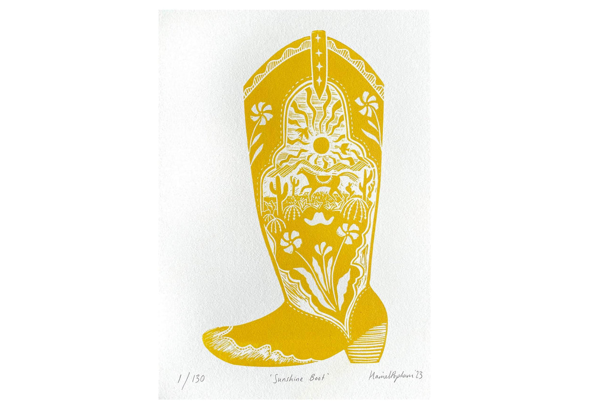 Prints Unframed Sunshine Boot - A4 Original Lino Print - Limited Edition (Framed or Unframed) homeware shops bristol gift shops bristol Harriet Popham