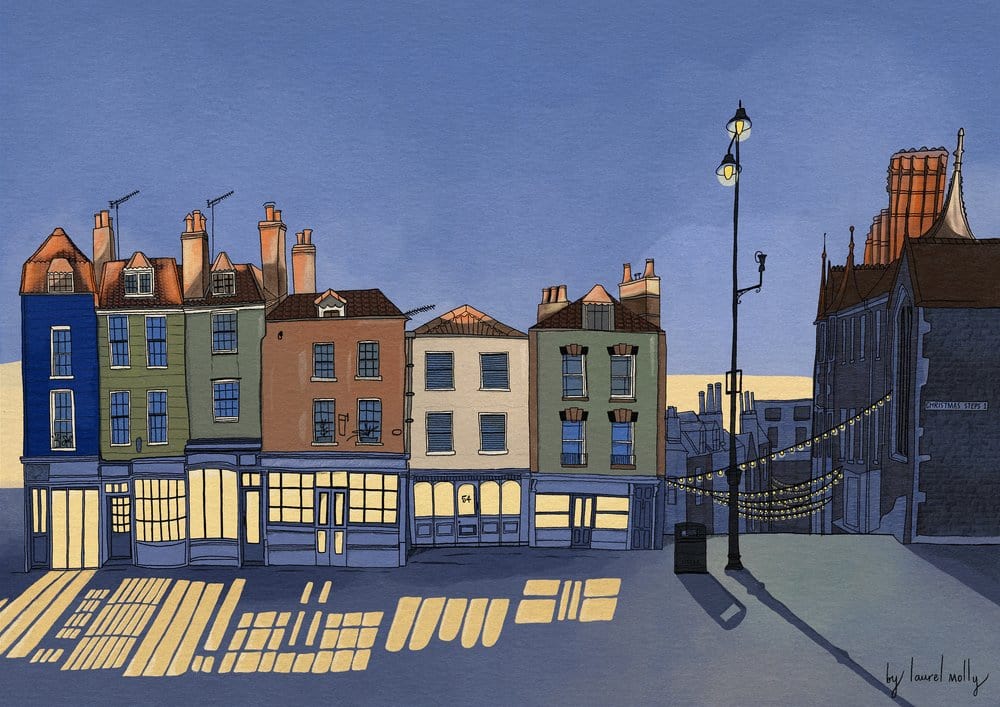 Print Giclee Print of Dusk at the Christmas Steps Giclee Print of Bristol Scenes A3 (various designs) homeware shops bristol gift shops bristol Laurel Molly