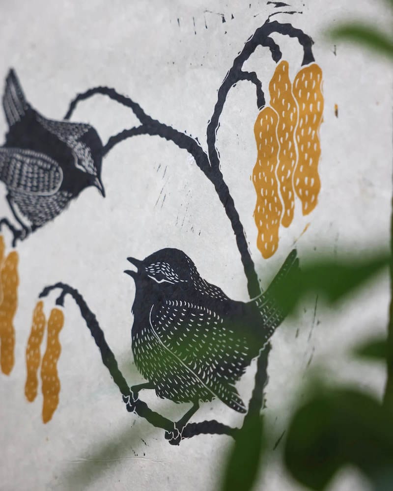 Lino Cut Print 'Wren & Catkins' Lino Cut Print homeware shops bristol gift shops bristol Rosanna Morris