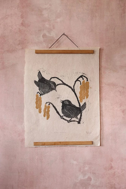 Lino Cut Print 'Wren & Catkins' Lino Cut Print homeware shops bristol gift shops bristol Rosanna Morris