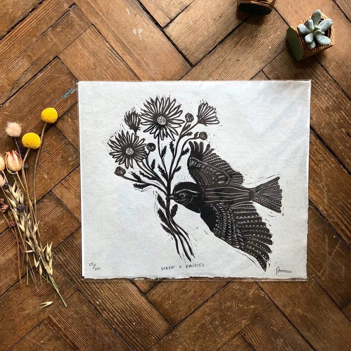 Prints Lino Print 'Wren & Daisies' - Two Colours homeware shops bristol gift shops bristol Rosanna Morris