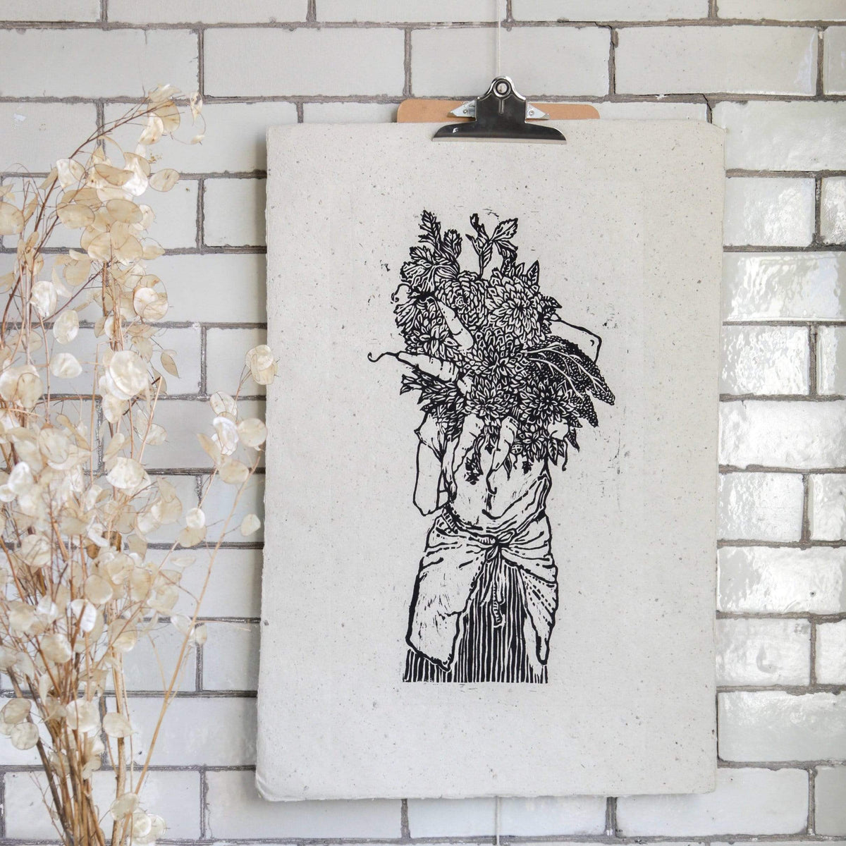 Prints Large Black Ink Lino Print 'Flower Harvest' homeware shops bristol gift shops bristol Rosanna Morris